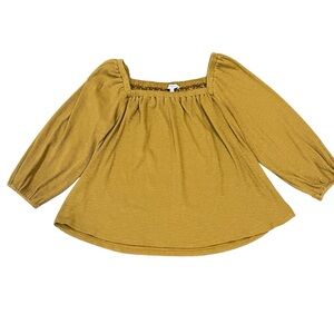 POLAGRAM Mustard Yellow Long Sleeve Blouse large square elastic neck.